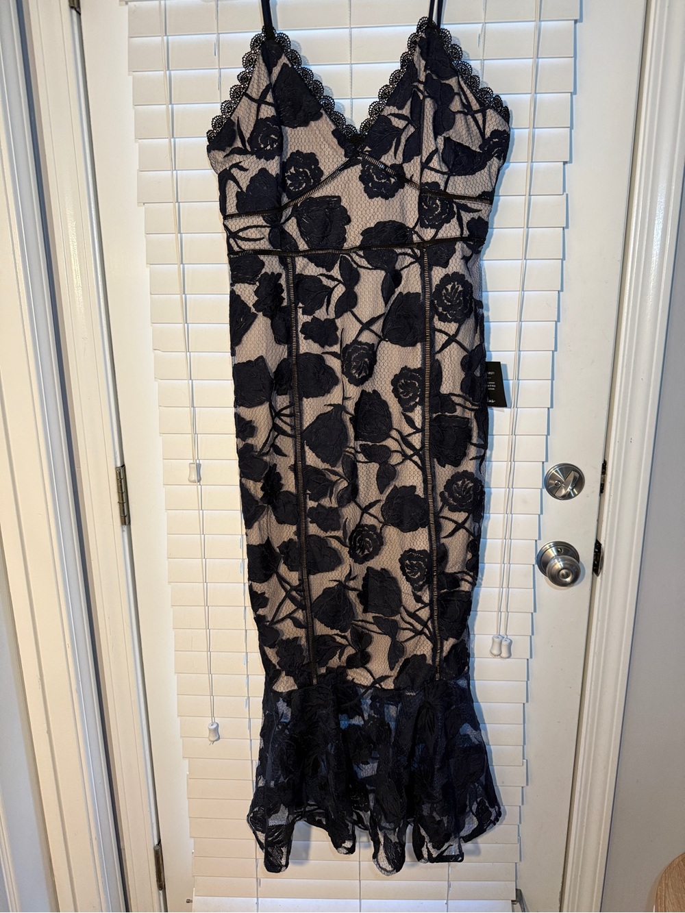 Lulu's Dark Navy Floral Lace Maxi Slip Dress with Nude Underlay Mermaid Wedding
